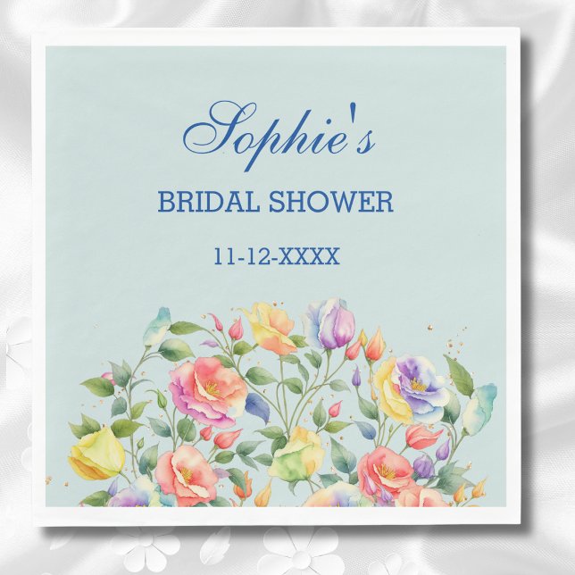 Dusty Blue Pink Bright Roses Bridal Shower Napkins (Creator Uploaded)