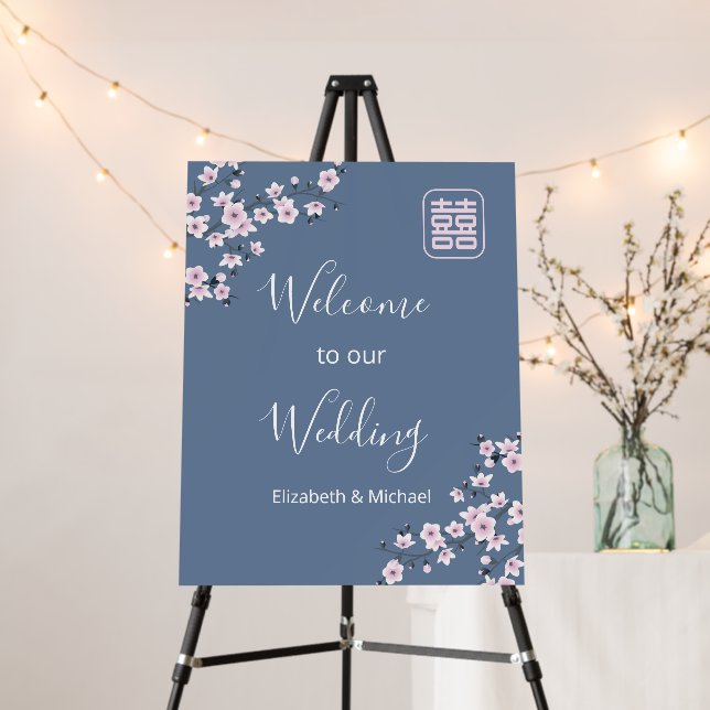 Dusty Blue Pink Cherry Blossom | Chinese Wedding Foam Board (In Situ (Stand))