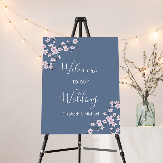 Dusty Blue Pink Cherry Blossom | Chinese Wedding Foam Board (In Situ (Stand))