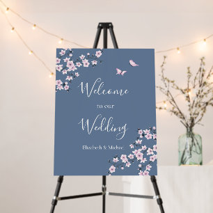 Dusty Blue Pink Cherry Blossom Wedding Welcome Foam Board