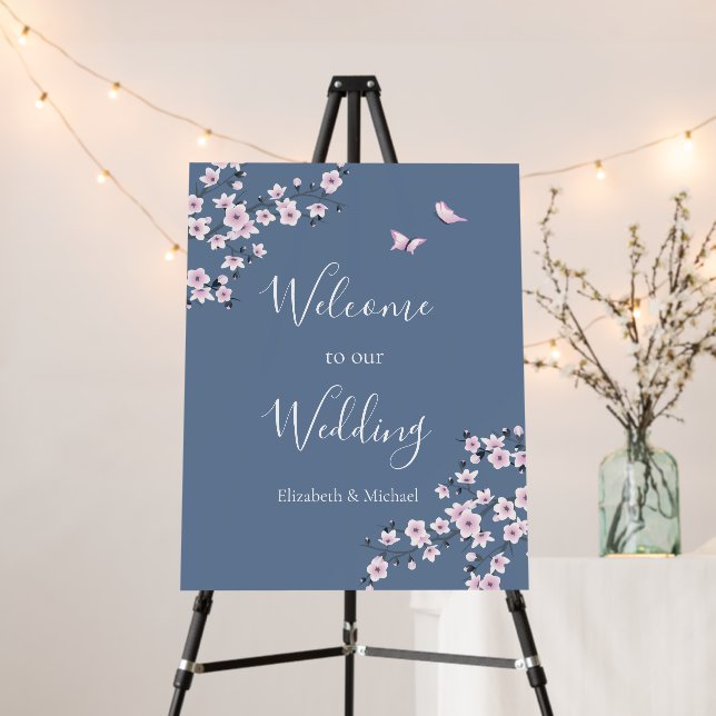 Dusty Blue Pink Cherry Blossom | Wedding Welcome Foam Board (In Situ (Stand))