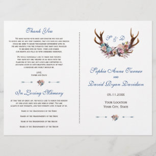 Dusty Blue Pink Floral Antlers Wedding Program Flyer