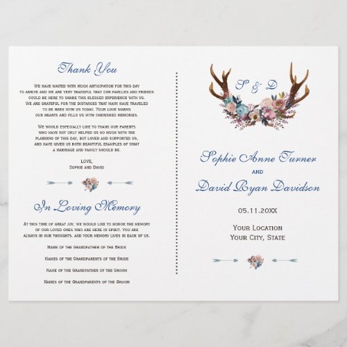 Dusty Blue Pink Floral Antlers Wedding Program Flyer