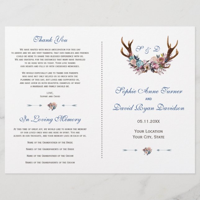 Dusty Blue Pink Floral Antlers Wedding Program Flyer (Front)