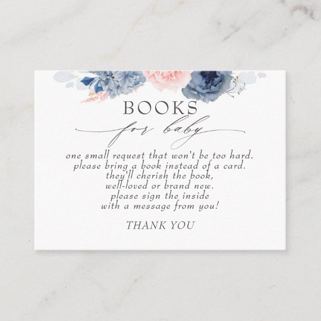 Dusty Blue Pink Floral Baby Books Request Business Card (Front)