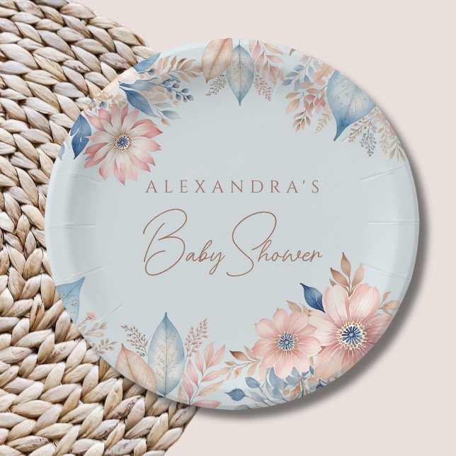 Dusty Blue Pink Floral Boho Chic Baby Shower Paper Plates (Creator Uploaded)