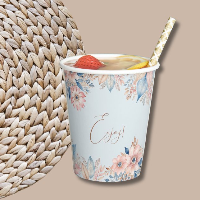 Dusty Blue Pink Floral Boho Chic Bridal Shower Paper Cups (Creator Uploaded)