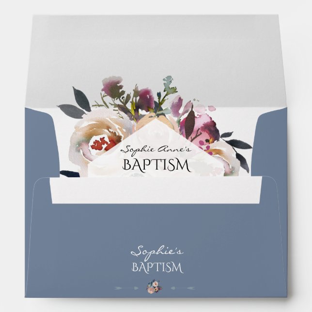 Dusty Blue Pink Floral Bouquet Geometric Baptism Envelope (Back (Bottom))