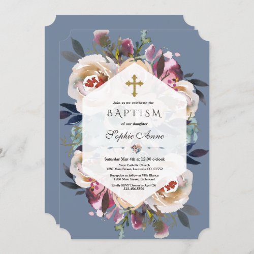 Dusty Blue Pink Floral Bouquet Geometric Baptism Invitation