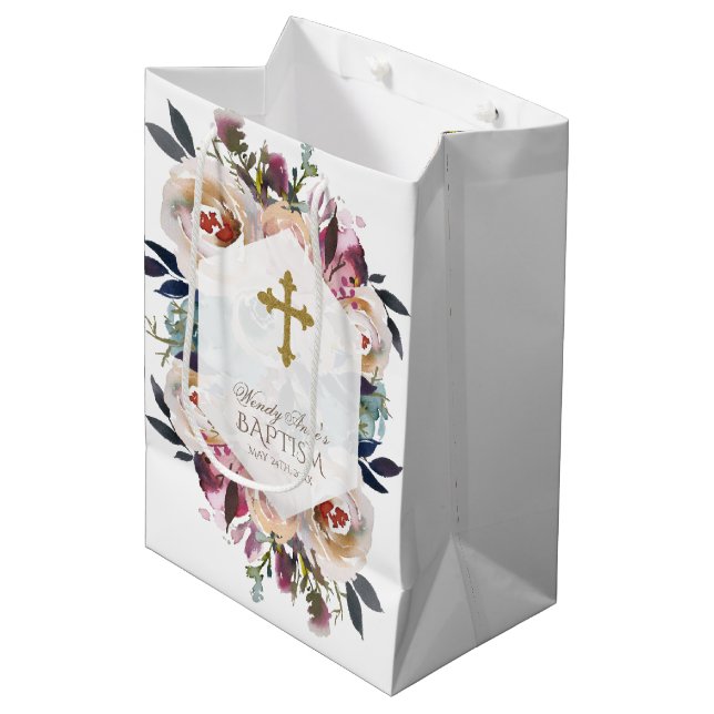 Dusty Blue Pink Floral Bouquet Geometric Baptism Medium Gift Bag (Front Angled)