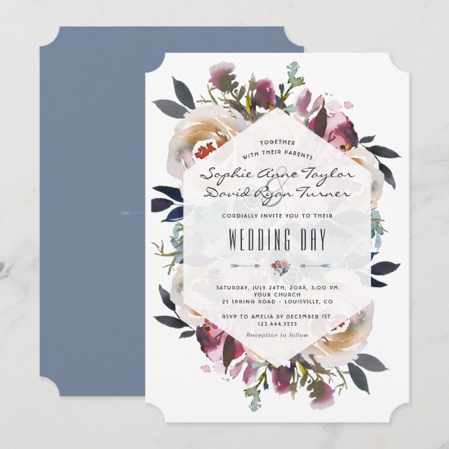Dusty Blue Pink Floral Bouquet Geometric Wedding Invitation (Front/Back)