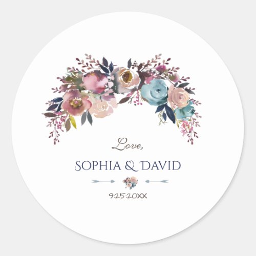 Dusty Blue Pink Floral Bouquet Wedding Classic Round Sticker