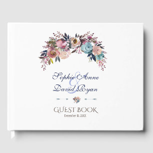 Dusty Blue Pink Floral Bouquet Wedding Guest Book