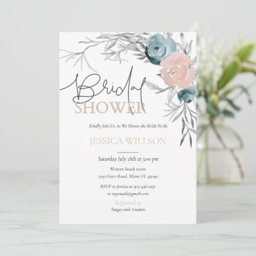 Dusty Blue  Pink Floral Bridal Shower Invitation