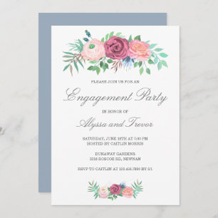Dusty Blue Pink Floral Elegant Engagement Party Invitation