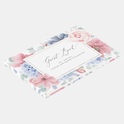 Dusty Blue Pink Floral Elegant Wedding Guest Book | Zazzle