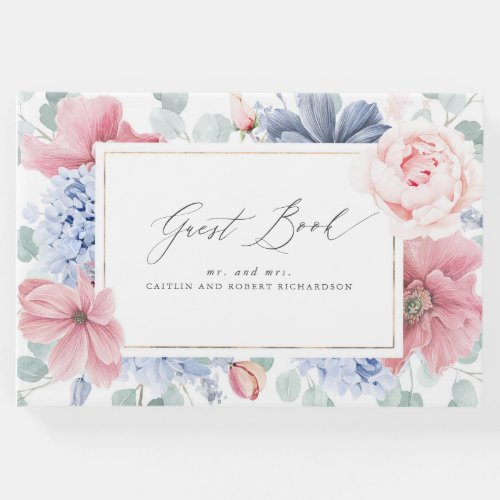 Dusty Blue Pink Floral Elegant Wedding Guest Book
