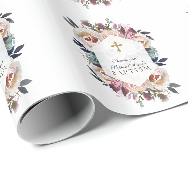Dusty Blue Pink Floral Geometric Baptism Monogram Wrapping Paper (Roll Corner)