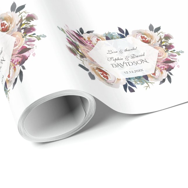 Dusty Blue Pink Floral Geometric Wedding Monogram Wrapping Paper (Roll Corner)