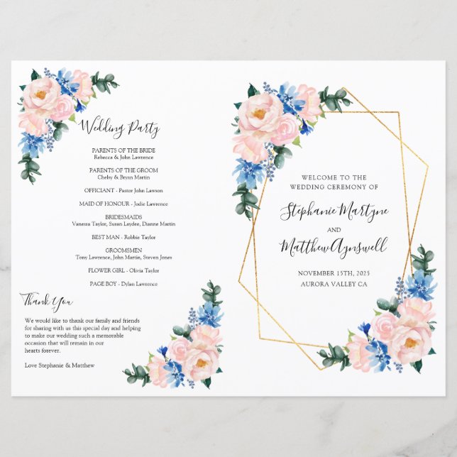 Dusty Blue Pink Floral Geometric Wedding Program (Front)