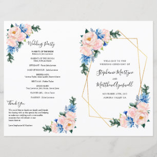 Dusty Blue Pink Floral Geometric Wedding Program