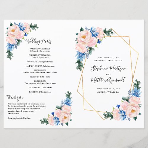 Dusty Blue Pink Floral Geometric Wedding Program