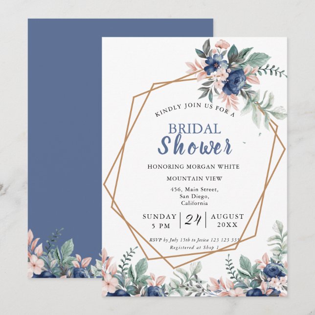 Dusty Blue  Pink Floral Gold Frame Bridal Shower Invitation (Front/Back)