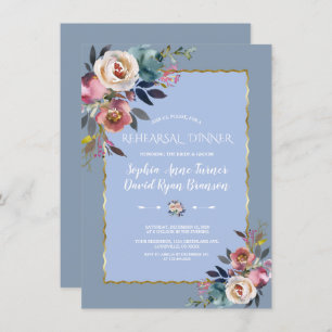Dusty Blue Pink Floral Gold Frame Rehearsal Dinner Invitation