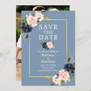 Dusty Blue Pink Floral Gold Photo Save the Date