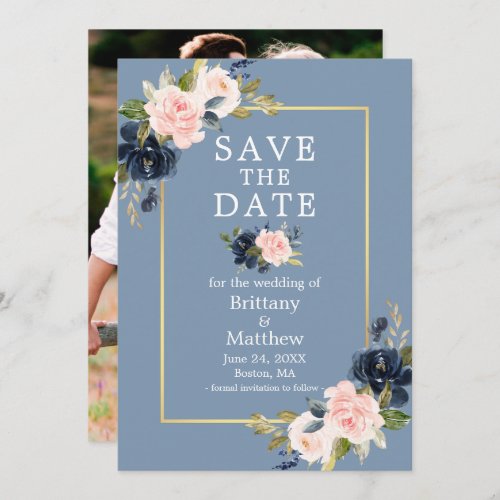 Dusty Blue Pink Floral Gold Photo Save the Date