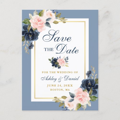 Dusty Blue Pink Floral Gold Save the Date Announcement Postcard