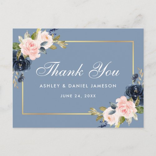 Dusty Blue Pink Floral Gold Wedding Thank You Postcard