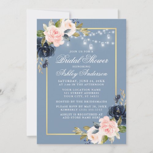 Dusty Blue Pink Floral Jar Lights Bridal Shower Invitation
