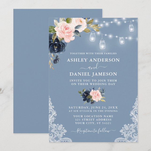 Dusty Blue Pink Floral Jar Lights Lace Wedding Invitation (Front/Back)