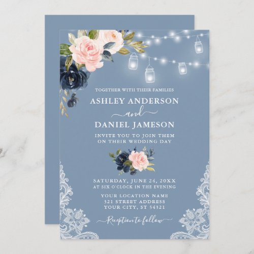 Dusty Blue Pink Floral Jar Lights Lace Wedding Invitation