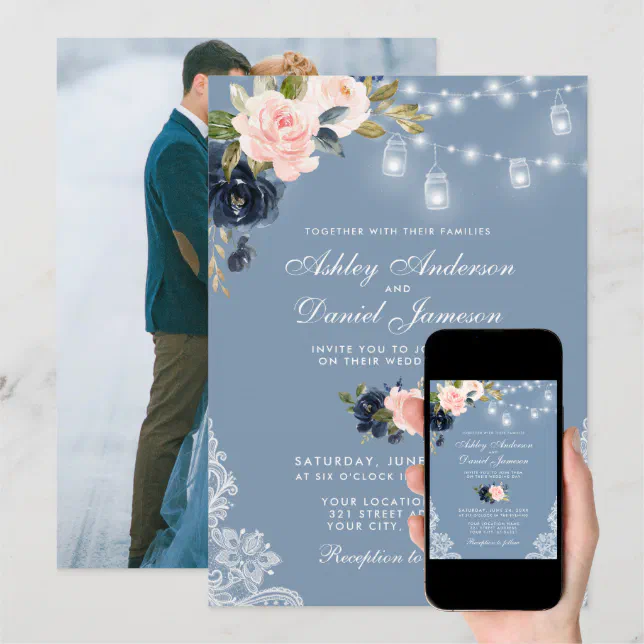 Dusty Blue Pink Floral Lace Lights Photo Wedding Invitation Zazzle