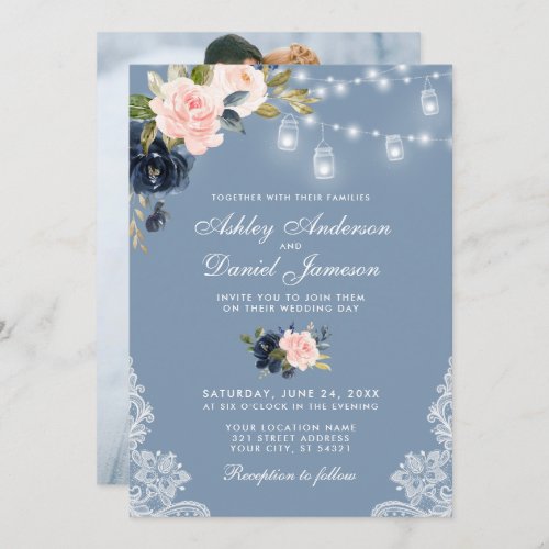 Dusty Blue Pink Floral Lace Lights Photo Wedding Invitation