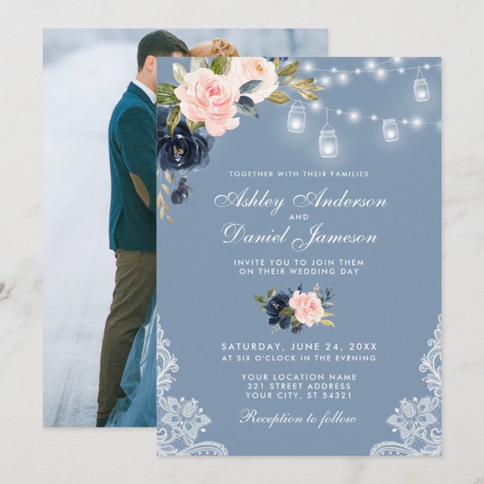 Dusty Blue Pink Floral Lace Lights Photo Wedding Invitation