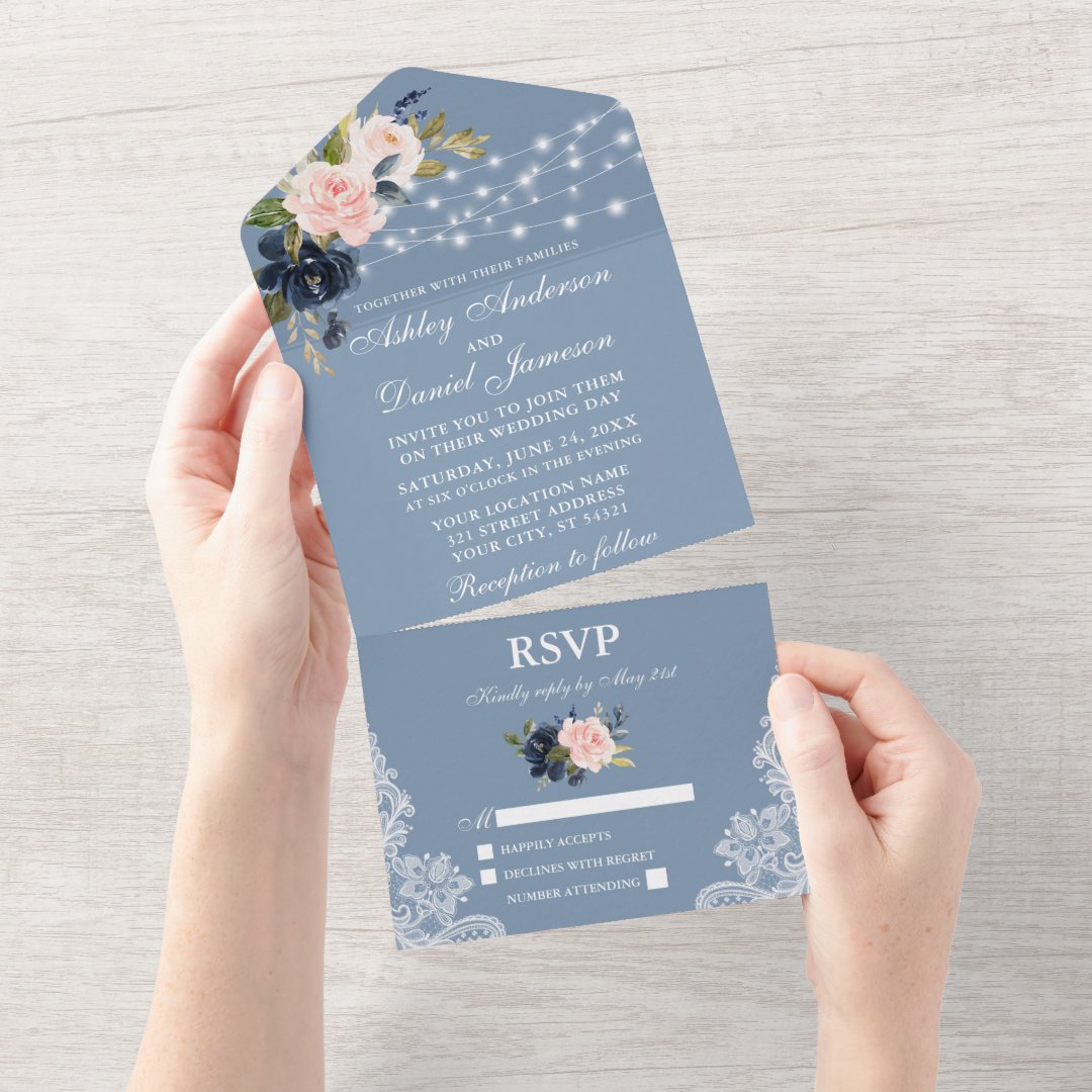 Dusty Blue Pink Floral Lace Lights Wedding All In One Invitation Zazzle