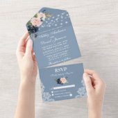Dusty Blue Pink Floral Lace Lights Wedding All In One Invitation (Tearaway)