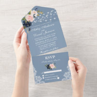 Dusty Blue Pink Floral Lace Lights Wedding All In One Invitation