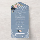 Dusty Blue Pink Floral Lace Lights Wedding All In One Invitation (Inside)