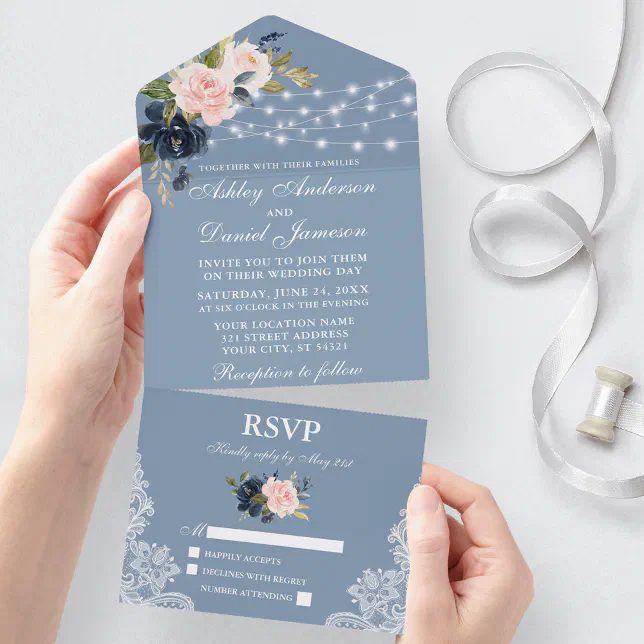 Dusty Blue Pink Floral Lace Lights Wedding All In One Invitation | Zazzle