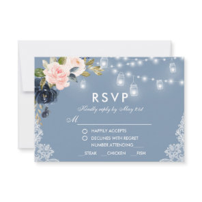 Dusty Blue Pink Floral Lace Lights Wedding Meal RSVP Card