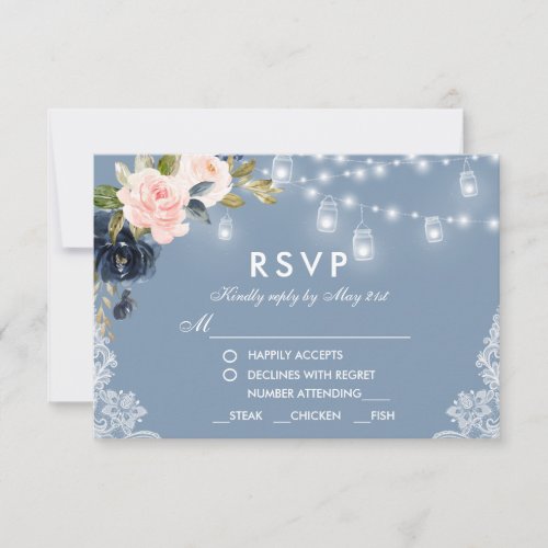 Dusty Blue Pink Floral Lace Lights Wedding Meal RSVP Card