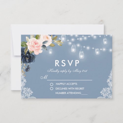 Dusty Blue Pink Floral Lace Lights Wedding RSVP Card