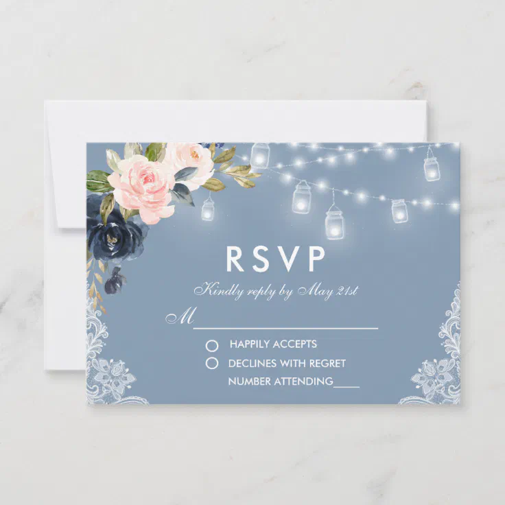 Dusty Blue Pink Floral Lace Lights Wedding RSVP Card Zazzle
