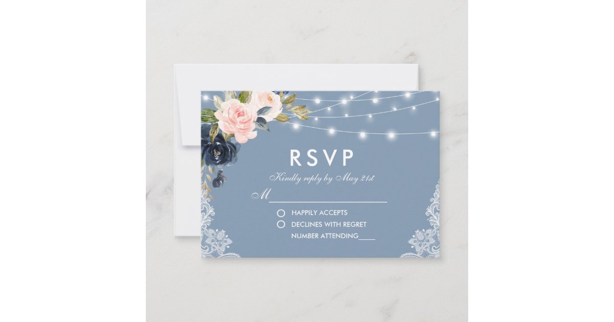 Dusty Blue Pink Floral Lace String Lights Wedding RSVP Card | Zazzle