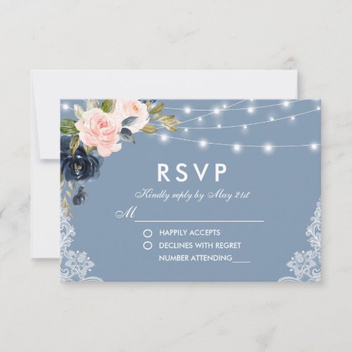 Dusty Blue Pink Floral Lace String Lights Wedding RSVP Card