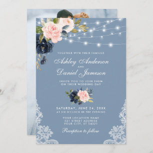 Dusty Blue Pink Floral Lights Lace Photo Wedding Invitation